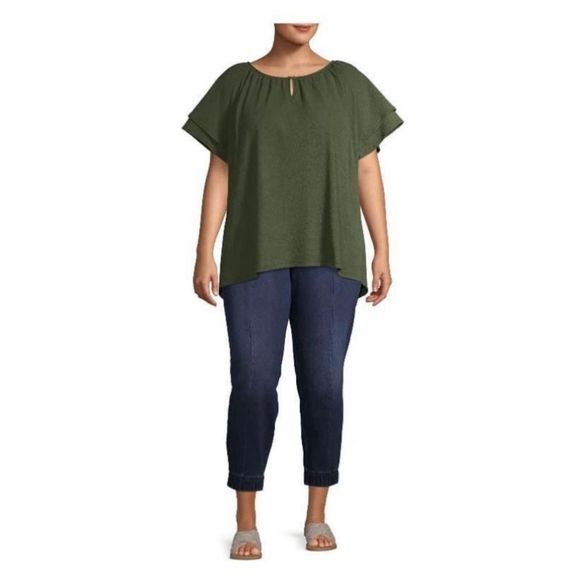 Terra‎ & Sky Forest Green Textured Ruffle Sleeve Peasant Top Comfy Spring NWT - Picture 6 of 6